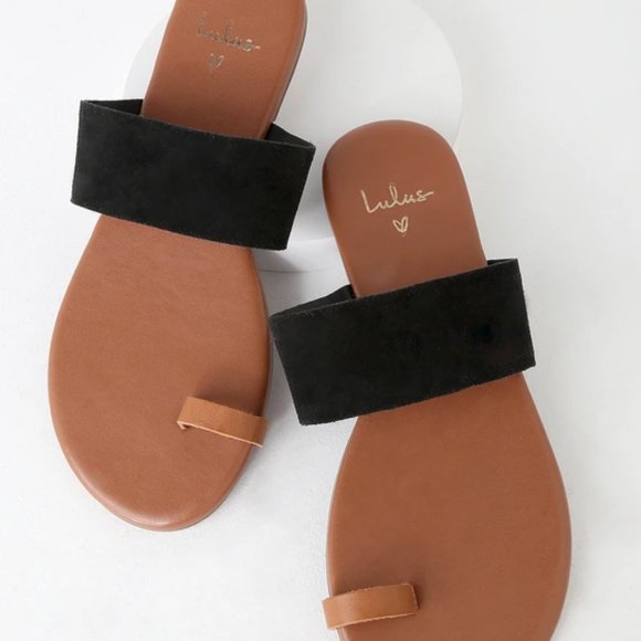 Lulus Tessa Cognac Nappa Black Suede Flat Sandals - Picture 4 of 4